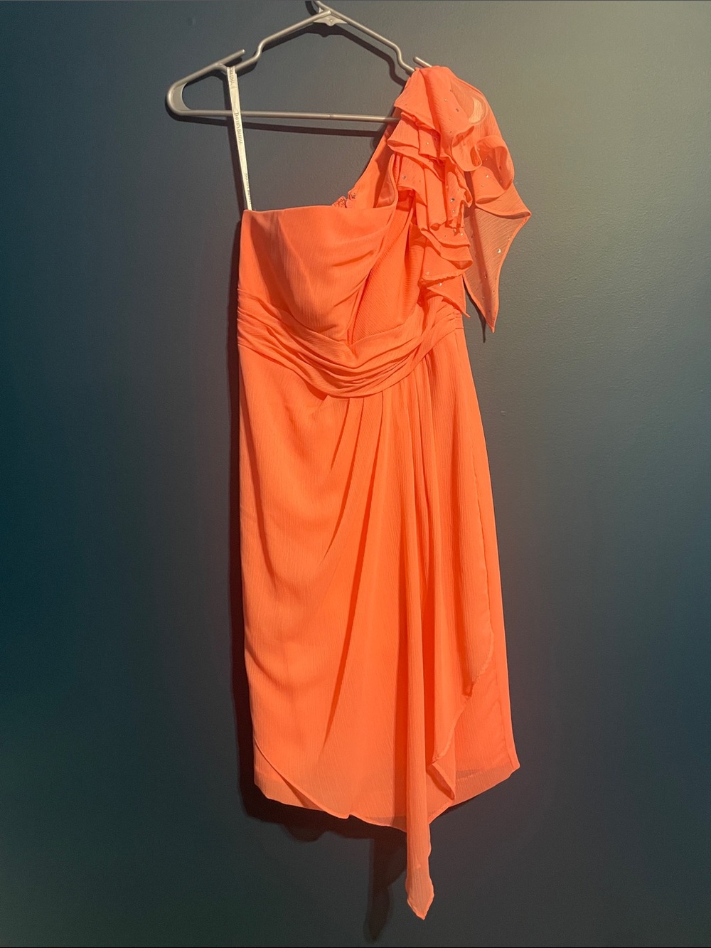 David's Bridal One-Shoulder Coral Dress with Ruffle Shoulder